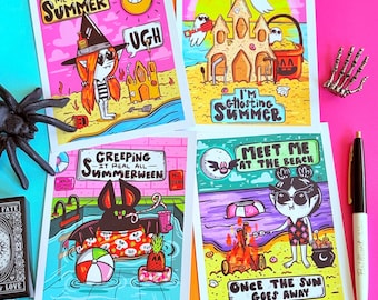 Paquete de 4 postales de Summerween / Post crossing / Paquete de postales de Halloween / Verano de fantasmas calientes / Arte original de Lydia Jean Art