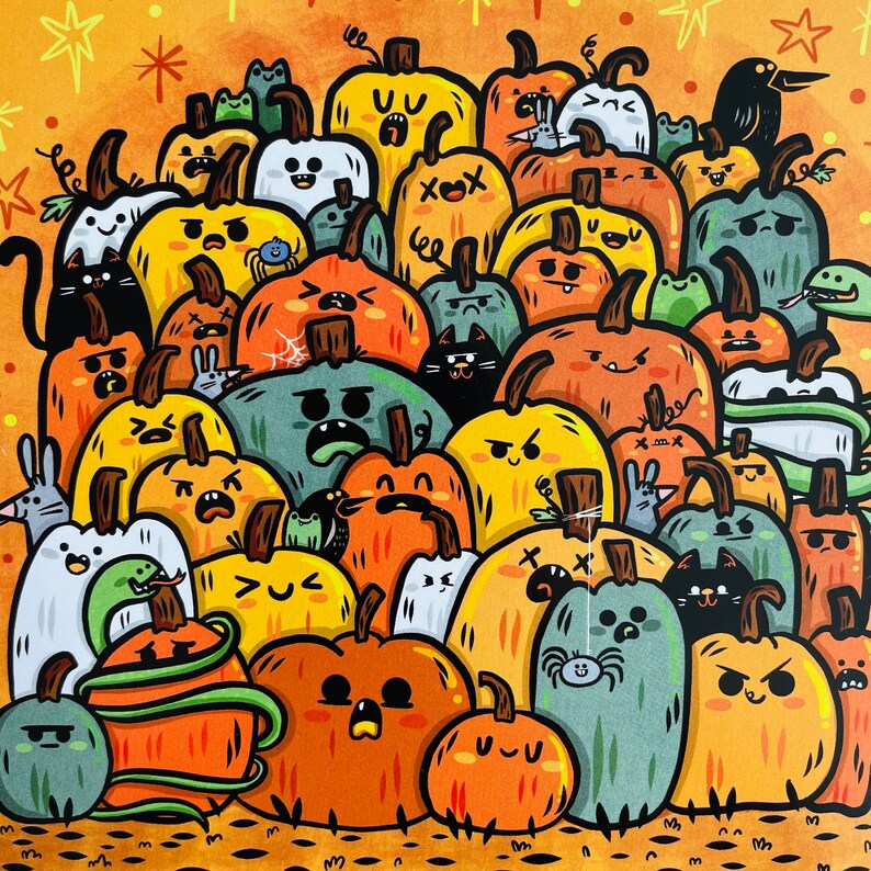 May include: A colorful illustration of a group of pumpkins with various facial expressions and designs. The pumpkins are arranged in a cluster, with some overlapping. The background is a warm orange color with a few stars.