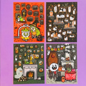 Zestaw pocztówek Spooky Portraits | Zestaw zaproszeń na imprezę Halloween dla dzieci | Pocztówki na Halloween (zawiera 4 wzory - po 1 z każdego)