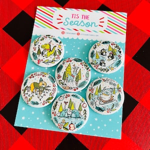 Winter Pals Magnet Button or Magnet Set | Stocking Stuffers | Holiday Magnets | Christmas Pin | Original Art by Lydia Jean Art