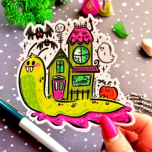 Halloween Sticker | Haunted House Sticker | Haunted Snail Shell | Halloween Art | Snail Sticker | Original Art By - Lydia Jean Art image 3