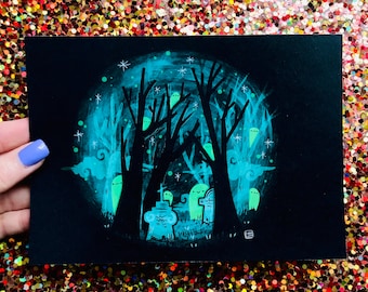 Haunted Forest Art Print | Spooky Halloween Cemetery Illustration