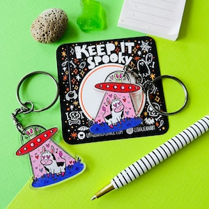 UFO Bag Charm Keychain | Alien Abduction Bag Charm | Cute Ufo Keychain | Acrylic Alien Charm | UFO Abduction | Lydia Jean Art