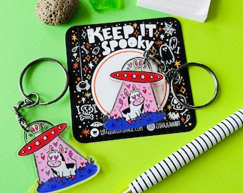 UFO Bag Charm Keychain | Alien Abduction Bag Charm | Cute Ufo Keychain | Acrylic Alien Charm | UFO Abduction | Lydia Jean Art