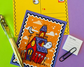 Little Ghost Shack Postcards (4pk) | Halloween Postcard Pack | Pen Pal Postcard Set for Kids