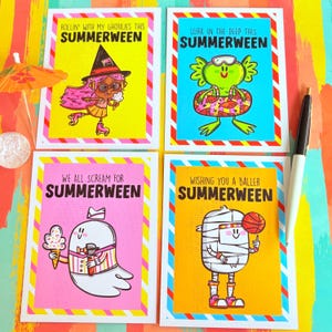 May include: Four colorful greeting cards with the text "ROLLIN' WITH MY GHOULIES THIS SUMMERWEEN", "LURK IN THE DEEP THIS SUMMERWEEN", "WE ALL SCREAM FOR SUMMERWEEN", and "WISHING YOU A BALLER SUMMERWEEN". Each card features a unique cartoon character and design.