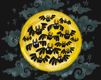 May include: A yellow moon with a black silhouette of bats flying around it. The moon is surrounded by a dark blue starry sky.