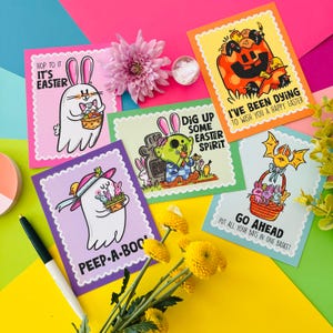 Set di cartoline SpringOween / Cartoline per bambini / Carina cancelleria / Cartoline di Pasqua / Arte di Halloween / Spiriti di Pasqua / Primavera Halloween