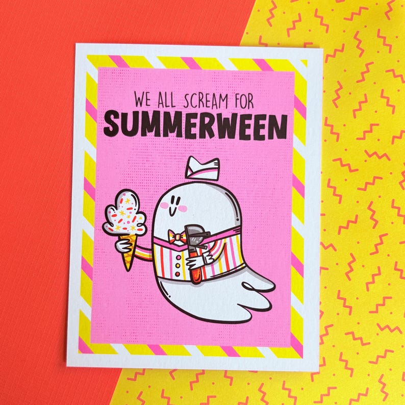 May include: A greeting card with a pink background and the text "WE ALL SCREAM FOR SUMMERWEEN". The card features a cartoon ghost holding an ice cream cone and a scoop. The ghost is wearing a striped uniform and a bow tie.