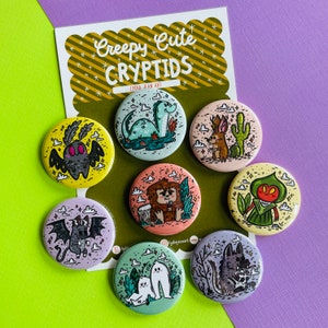 Creepy Cute Cryptids Magnet or Pin set | Cryptid Art | Mothman | Bigfoot | Nessie | Jackalope | Flatwoods Monster | Chupacabra