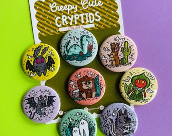 Creepy Cute Cryptids Magnet or Pin set | Cryptid Art | Mothman | Bigfoot | Nessie | Jackalope | Flatwoods Monster | Chupacabra