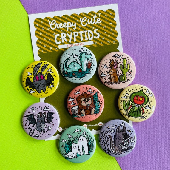 Creepy Cute Cryptids Magnet or Pin Set | Cryptid Art | Mothman