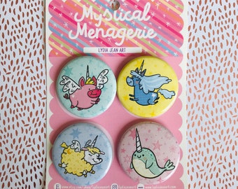 Magical Animal Magnet or Pin Set | Narwhal | Unicorn | Flying Pig | Fluffy Alpaca | Narwhal gift | Unicorn Gift