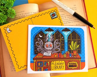 May include: A colorful illustration of an owl librarian behind a desk with the text "Point Pleasant Library." The image is on a white card, with a yellow envelope and a pen. A book is open in the background.