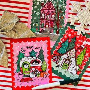 Juego de postales de casas acogedoras y espeluznantes (paquete de 6, 2 de cada una) / Postales navideñas espeluznantes / Tarjeta navideña / Tarjeta de cruce de correos / Tarjeta de feliz Navidad