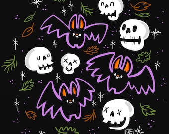 Bats and Skulls Art Print | Spooky Halloween Illustration