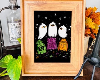 Ghost Graveyard Halloween Art Print | Spooky Illustration