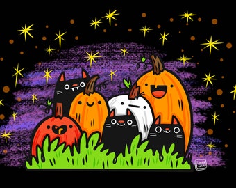Pumpkin Patch O' Cats Art Print for Halloween Lovers | Halloween Art | Halloween Illustration
