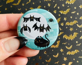 Spooky Halloween Black Cat and Friends Pin or Magnet