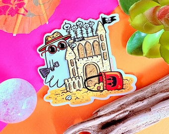 Pegatina de fantasma de Summerween: Arte de Halloween con un castillo de arena espeluznante