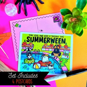 May include: A set of four postcards with a colorful illustration. The main postcard features a pool scene with cartoon characters in Halloween costumes. The text "STAY COOL AND KEEP IT SPOOKY THIS SUMMERWEEN" is displayed. The postcards are on a pink and yellow background.