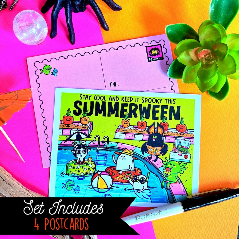 May include: A set of four postcards with a colorful illustration. The main postcard features a pool scene with cartoon characters in Halloween costumes. The text "STAY COOL AND KEEP IT SPOOKY THIS SUMMERWEEN" is displayed. The postcards are on a pink and yellow background.