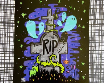 Friedhof Kunstdruck für Halloween Liebhaber | Halloween Kunst | Halloween Illustration