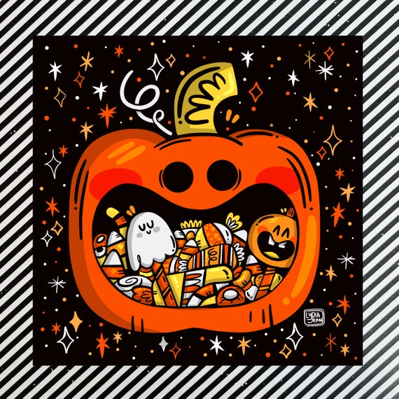 Pumpkin Candy Dish Halloween Art Illustration