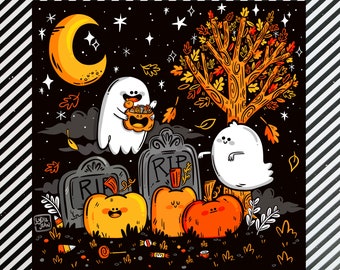 Graveyard Ghosties Halloween Art Illustration