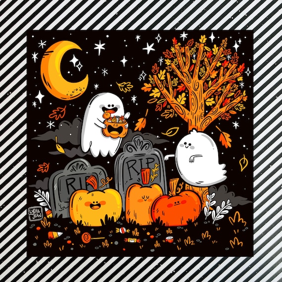 Graveyard Ghosties Halloween Art Illustration