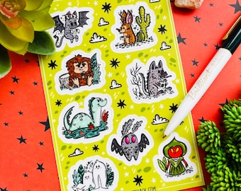 Cryptids Sticker Sheet for Planners or Phonecases, Cryptid art, crytozoology, cryptid sticker pack, bigfoot, mothman, removable stickers