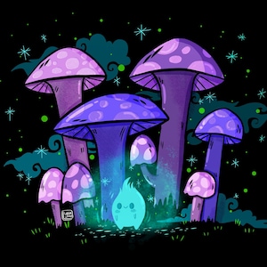 May include: A whimsical illustration of a glowing blue spirit surrounded by purple and pink mushrooms in a dark forest setting with a starry night sky.