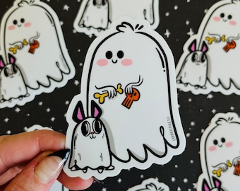 Naklejka winylowa z duchem i szczeniakiem | Wodoodporna dekoracja na Halloween