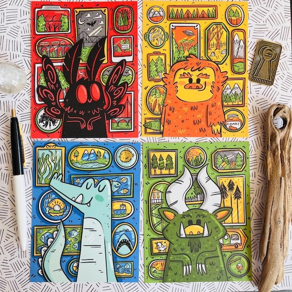 Cryptid Postcard Set: Mothman, Bigfoot, Hodag, Nessie