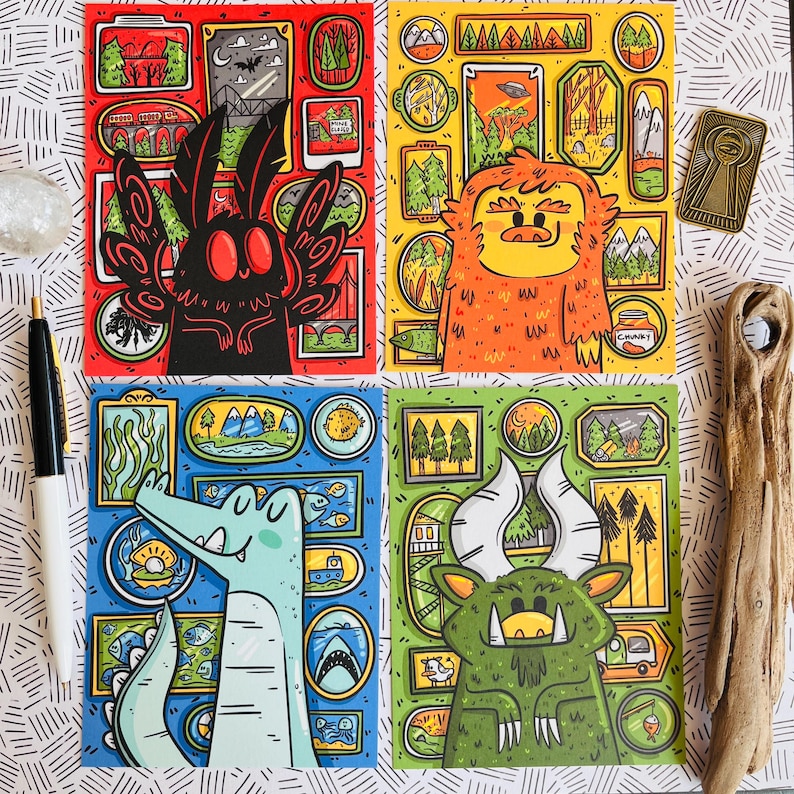 May include: Four colorful illustrations of fantastical creatures in a collage style. Each creature is surrounded by smaller images of nature scenes. The first creature is a black moth with large wings. The second creature is a red monster with a big smile. The third creature is a green crocodile with a toothy grin. The fourth creature is a green monster with large horns and a wide smile.