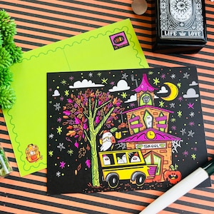 Cartões postais Back to Ghoul (pacote com 4) | Pacote de cartões postais de Halloween | Conjunto de cartões postais para amigos por correspondência para a temporada assustadora