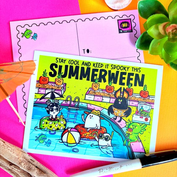 Summerween Postcards 4 Pack | Post crossing | Halloween Postcard Pack | Hot Ghoul Summer | Goth Girl Summer | Original Art by Lydia Jean Art