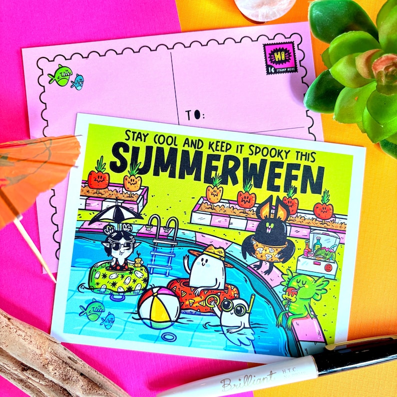 May include: A colorful postcard with the text "STAY COOL AND KEEP IT SPOOKY THIS SUMMERWEEN." The illustration depicts cartoon characters in a swimming pool. A pink postcard with a stamp is behind the main card.