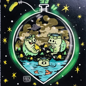 May include: A green glass bottle with a cork stopper, filled with a blue liquid and containing three cartoon creatures. The creatures are green and yellow with large eyes and are swimming in the liquid. The bottle is surrounded by a black background with white stars.