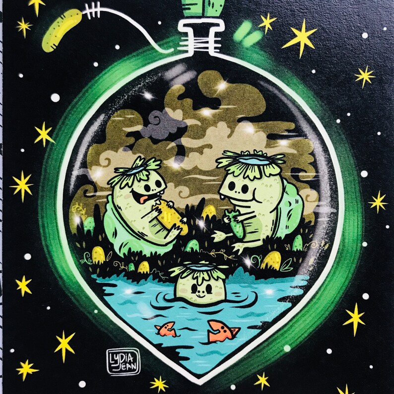 May include: A green glass bottle with a cork stopper, filled with a blue liquid and containing three cartoon creatures. The creatures are green and yellow with large eyes and are swimming in the liquid. The bottle is surrounded by a black background with white stars.