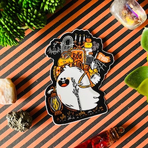 Camping Ghost Sticker | Halloween Sticker | Gift for Halloween | Cute Ghost Sticker | Summerween Sticker | Laptop Sticker | Code Orange