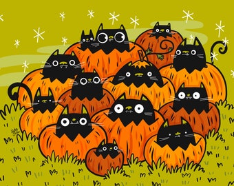 Super cute black cat art with cats in pumpkins for cat lovers and halloween lovers