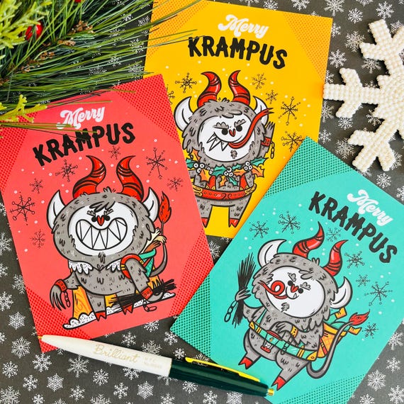 Merry Krampus Postcards (6 pk / 2 each) | Spooky Christmas Postcard Pack | Post Crossing | Krampusnacht