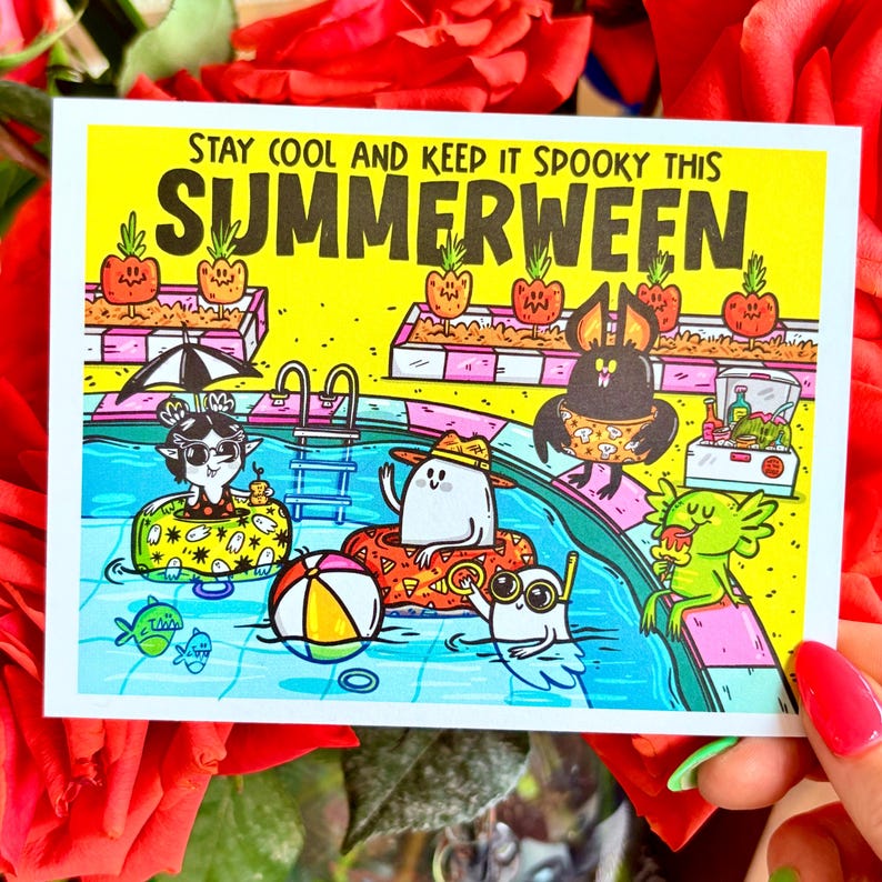 May include: A colorful illustration featuring a pool scene with cartoon characters enjoying a 'Summerween' celebration. The image includes a beach ball, floaties, and the text "Stay Cool and Keep it Spooky This Summerween."