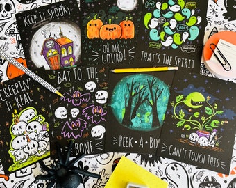 Set di cartoline Spooky Hellos (7 design) / Set di cartoline per bambini / Festa di Halloween / Inviti con cartoline per l'autunno