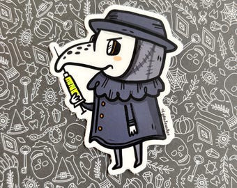May include: A sticker depicting a cartoon plague doctor with a long beak, wearing a hat and coat, holding a syringe filled with yellow liquid. The sticker has a white border and is set against a patterned background.