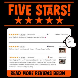 May include: Black background with orange text that reads "FIVE STARS!" and "READ MORE REVIEWS BELOW." Includes customer reviews with a ghost illustration. Reviews mention washi tape and Halloween postcards.