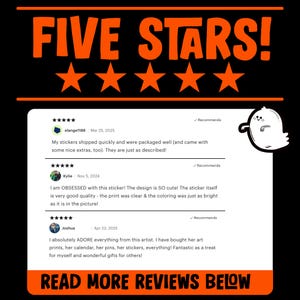 May include: Black graphic with the words "FIVE STARS!" in orange above five orange stars. Below, customer reviews are displayed, with the text "READ MORE REVIEWS BELOW" at the bottom.