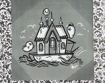 Haunted Houseboat Art Print | Halloween Illustration | Haunted House Artwork
