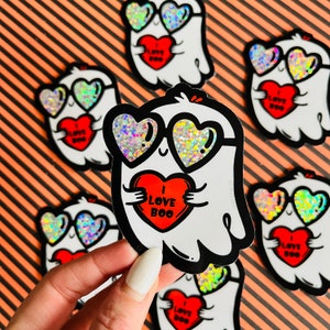 I LOVE BOO Holographic Rainbow Vinyl Sticker | Halloween Sticker | Ghost Sticker | Cute Ghost Sticker | Glitter Sticker | Removable Sticker